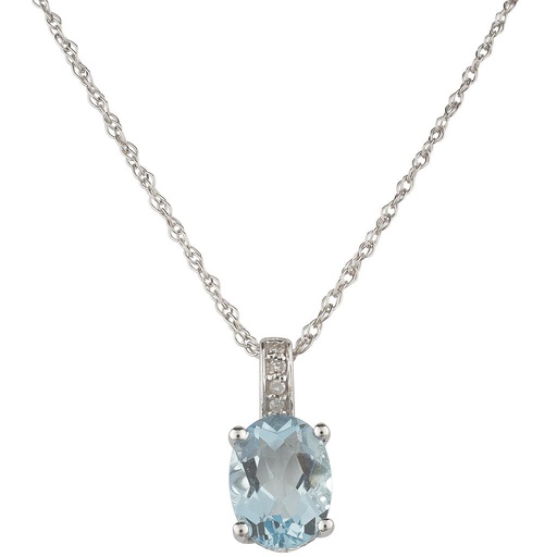 [LA.GEMS.9412] 14k White Gold Diamond & Aquamarine Oval 8 X 6m Pendant W/18" Chain- March