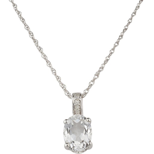 [LA.GEMS.9413] 14k White Gold Diamond & White Topaz Oval 8 X 6m Pendant W/18" Chain- April