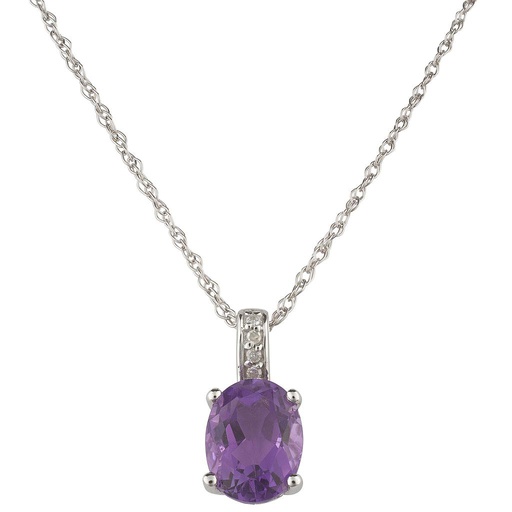 [LA.COLO.0009414] 14k White Gold Diamond & Amethyst Oval 8 X 6m Pendant W/18" Chain- February