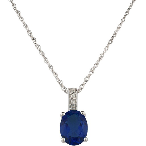 [LA.GEMS.9416] 14k White Gold Diamond & Sapphire Oval 8 X 6m Pendant W/18" Chain- September