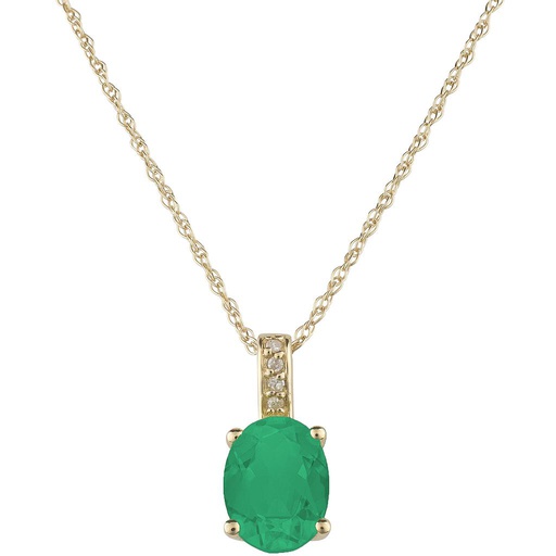 [LA.GEMS.9417] 14k Yellow Gold Diamond & Emerald Oval 8 X 6m Pendant W/18" Chain- May