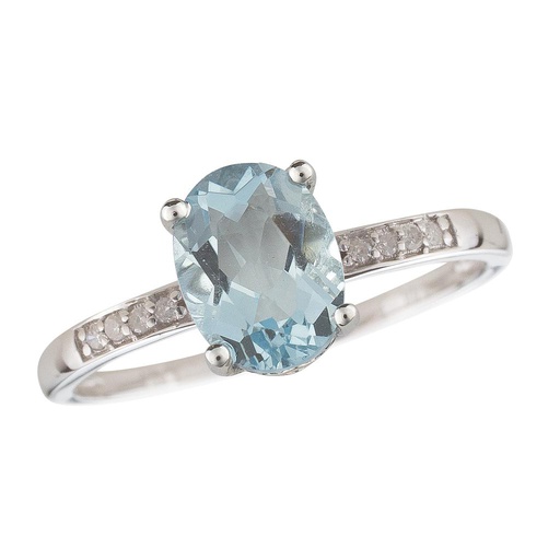 [LA.GEMS.9434] 14k White Gold Diamond & Aquamarine Oval 8x6m Ring- March