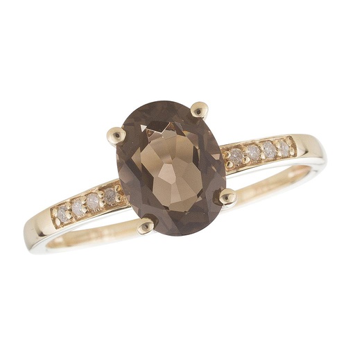 [LA.GEMS.9435] 14k Yellow Gold Diamond & Smoky Quartz Oval 8x6m Ring- March