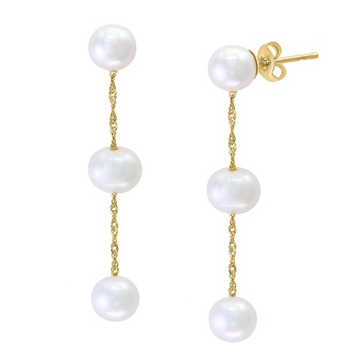 [LA.PEAR.9451] 14k Yellow Gold White Fresh Water 3 Pearl Drop Earrings Center: 6-6.5m