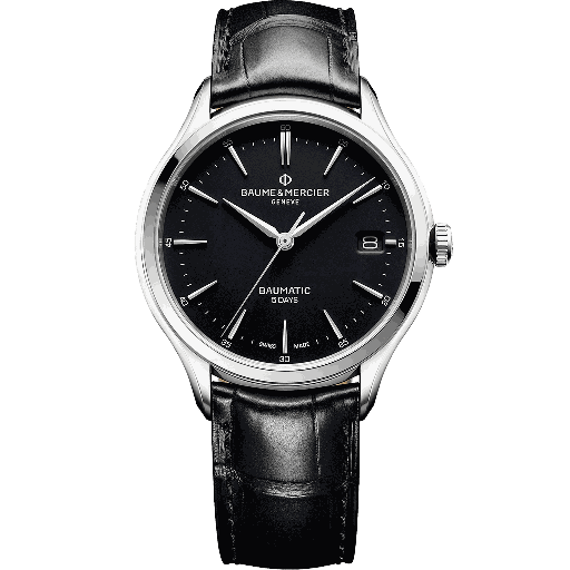 [BA.WATC.0009538] Clifton Baumatic Black Dial Steel Case On Black Crocodile Strap