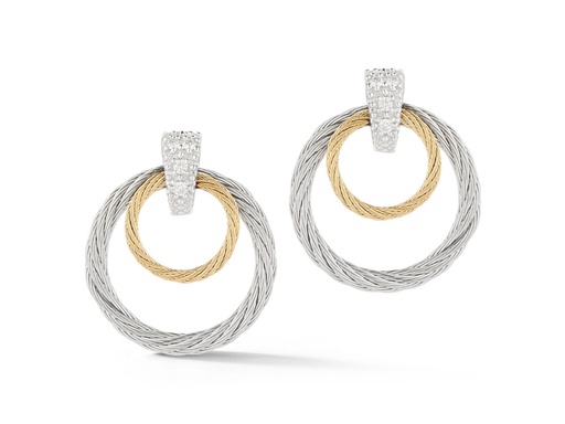 18k White Gold/Steel Diamond Top Double Circle Earrings