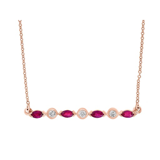 [LA.COLO.0010821] 14k Rose Gold 4 Ruby & 3 Round Diamond Necklace