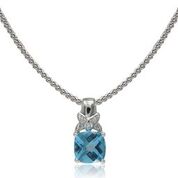 [LA.COLO.0010823] 14k White Gold Cushion Swiss Blue Topaz W/5 Diamond Pendant & Chain