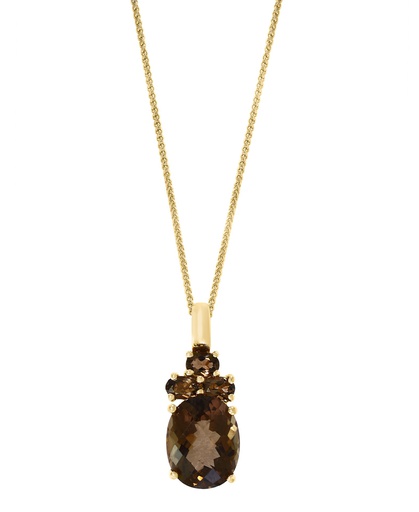[LA.COLO.0010828] 14k Yellow Gold Oval Smokey Quartz & 3 Round Smokey Quartz Pendant & Chain