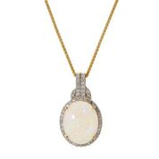 [LA.GEMS.10830] 14k Yellow Gold Oval Australian Opal & Diamonds Pendant & Chain
