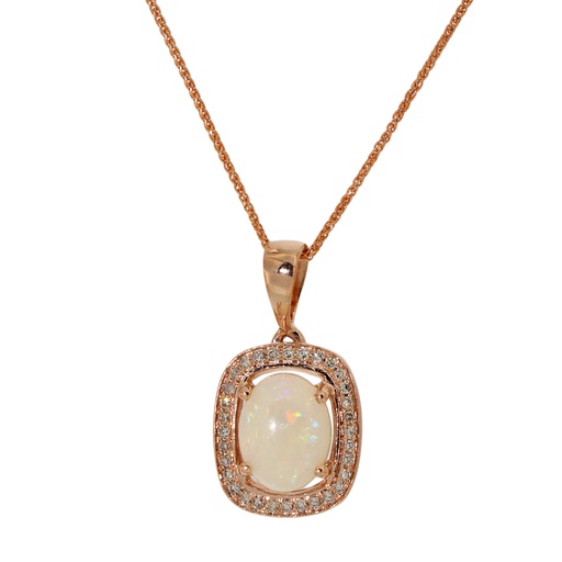 [LA.GEMS.10841] 14k Rose Gold Oval Australian Opal In Cushion Shape Diamond Halo Pendant & Chain