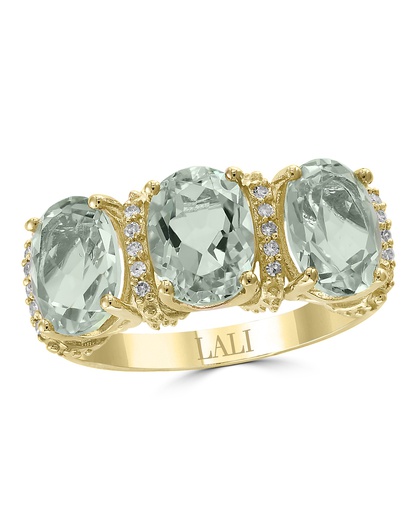 [LA.COLO.0010856] 14k Yellow Gold 3 Oval Green Amethyst & 20 Round Diamond Ring