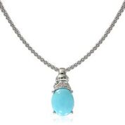 [LA.GEMS.10860] 14k White Gold Oval Turquoise & Diamond Pendant & Chain