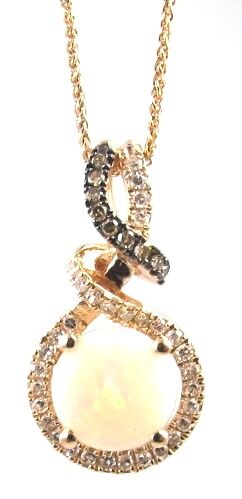 [LA.GEMS.10866] 14k Rose Gold Round Australian Opal, Brown & White Diamond Pendant & Chain