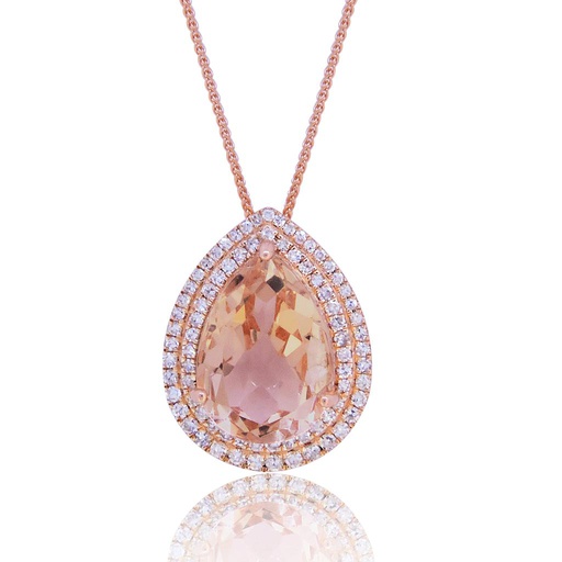 [LA.GEMS.10890] 14k Rose Gold Pear Shape Morganite & Diamond Pendant & Chain
