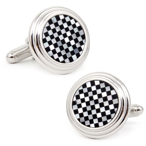 [CU.CUFF.0026718] Onyx & Mother Of Pearl Checker Step Cufflinks