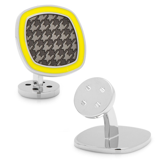 [CU.CUFF.0027311] Palladium Black & Yellow Houndstooth Cufflinks