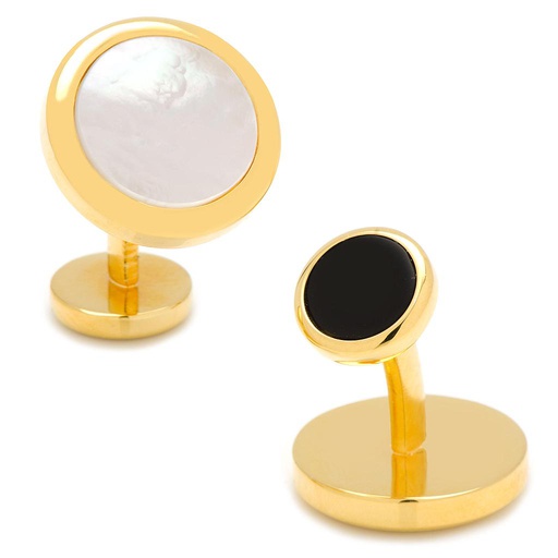 [CU.CUFF.0027521] Double Sided Gold Mother Of Pearl Round Beveled Cufflinks