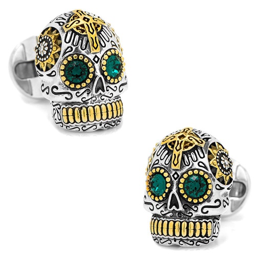 [CU.CUFF.0027947] Sterling Silver & Gold Day Of The Dead Skull Cufflinks