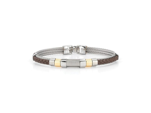 [AL.FASH.0049515] Men's Grey Cable & Brown Braided Leather Bracelet With Steel & 18k Yellow Gold Station