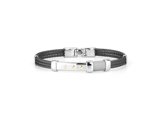 [AL.FASH.0049516] Men's Black Cable Bracelet With Asymmetrical Textured Steel & 18k Yellow Gold Station