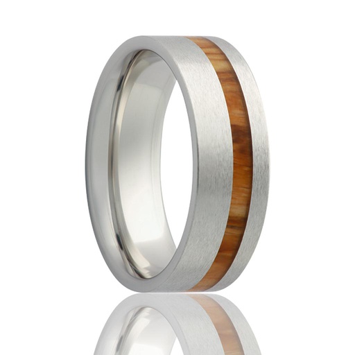 [HE.WEDD.0049789] 8mm Cobalt Pipe Cut Offset Whiskey Barrel Wood Inlay Wedding Band