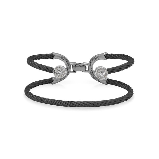 [AL.FASH.0049922] Black Cable Balance Bracelet With 18k White Gold & Dual Round Diamond Stations
