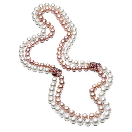 [DS.PEAR.0050121] 18k Pink Gold Double Strand Pink Fresh Water & White South Sea Pearl Necklace With 2 Ombre Pink Sapphire Flower Spacers