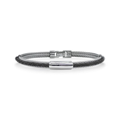 [AL.FASH.0050128] Grey Cable & Black Leather Bracelet With Slim Steel Station