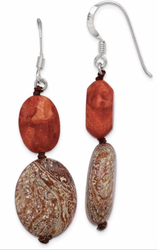 [QU.FASH.0052781] Sterling Silver Red Reconstructed Stone & Red Zebra Jasper Earrings