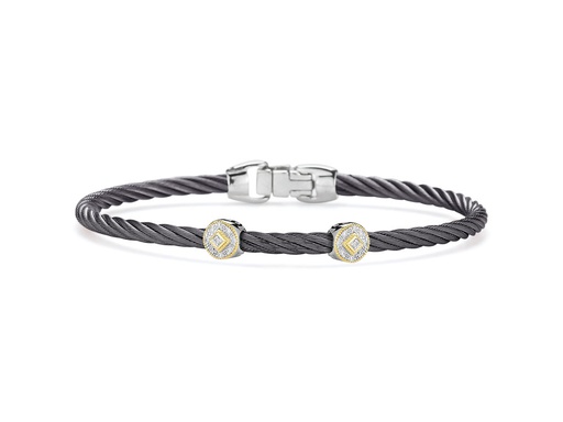 [AL.FASH.0053146] Steel Grey Cable Essential Stackable Bracelet With Double Round Diamond Station Set In 18k Yellow Gold