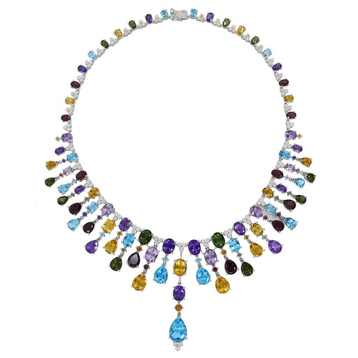 [LA.GEMS.0053186] 14k White Gold Diamond & Multicolor Cleopatra Necklace