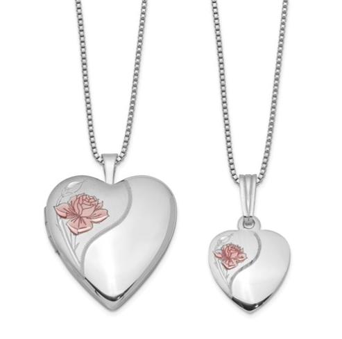 [QU.FASH.0053588] Sterling Silver Rhodium-Plated Polished & Satin Rose Heart Locket & Pendant