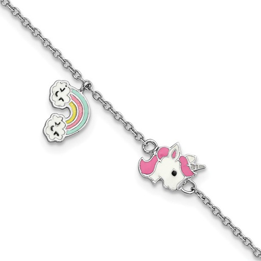 [QU.FASH.0053645] Sterling Silver Rhod-Plate Enamel Unicorn/Rainbow 5.75 In Plus 1in Ext. Bra