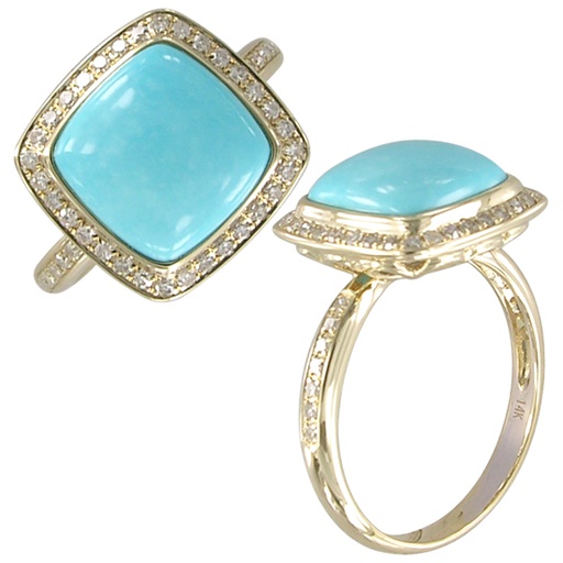 [LA.GEMS.0053778] 14k Yellow Gold Cushion Turquoise With Diamond Halo Ring