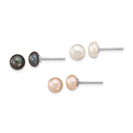 [QU.FASH.0054015] Sterling Silver Rh-Pl 6-7mm Set Of 3 Wt/Bk/Pink Button Fwc Pearl Earrings