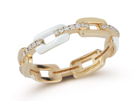 HALF WAY AROUND ALTERNATING WHITE ENAMEL LINK RING WITH DIAMOND BARS