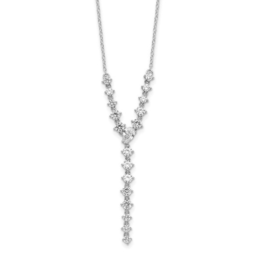 [FNEC.00076384] Sterling Silver Rhodium-plated Fancy Brilliant-cut Round and Pear CZ Y-Drop