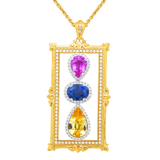 [GJNK.00080075] Multi Colored Sapphire Pendant in Gold Encrusted Box