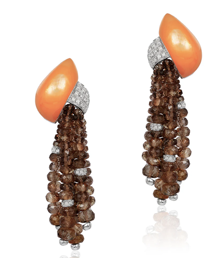 [DERR.00081018] Orange Shelled Brown Bead and Diamond Earrings