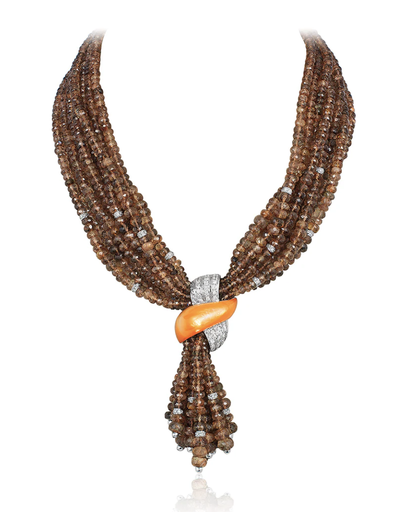 [DNCK.00081019] Brown Beaded Necklace with Orange Shell and Diamond Accent