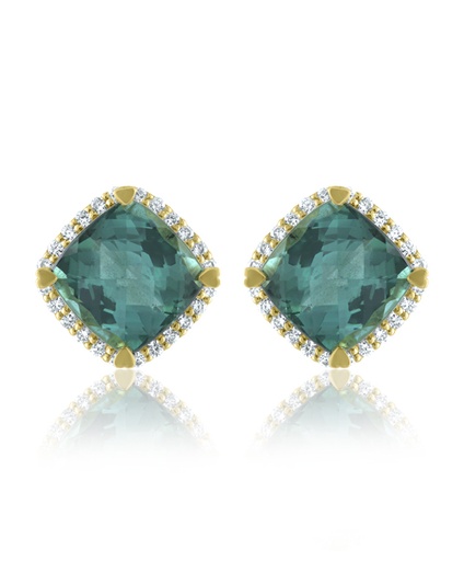 [GJER.00081220] YG Indicolite and Diamond Cushion Stud Earrings