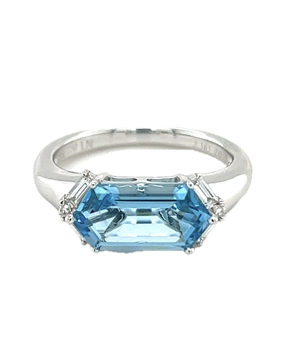 [GJRG.00081234] Blue Topaz Hexagon Ring with Diamond Baguettes