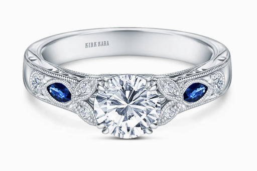 [DRNG.00081548] Sapphire Floral Diamond Engraved Engagement Ring