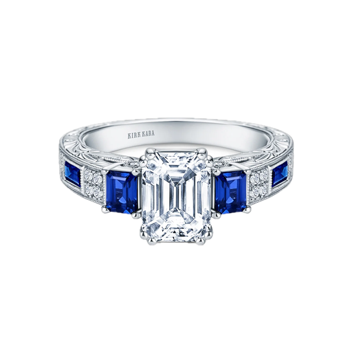 [E3SR.00081552] Kirk Kara  Deco Three Stone Engraved Blue Sapphire Baguette Diamond Engagement Ring
