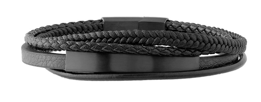 [FBRA.00083189] Black Stainless and Black Leather Triple Strand